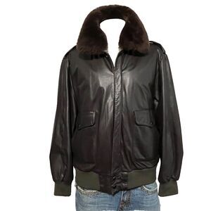 Vintage Bomber Leather Jacket Brown Size 44 Lined W/ Removable Fur Collar